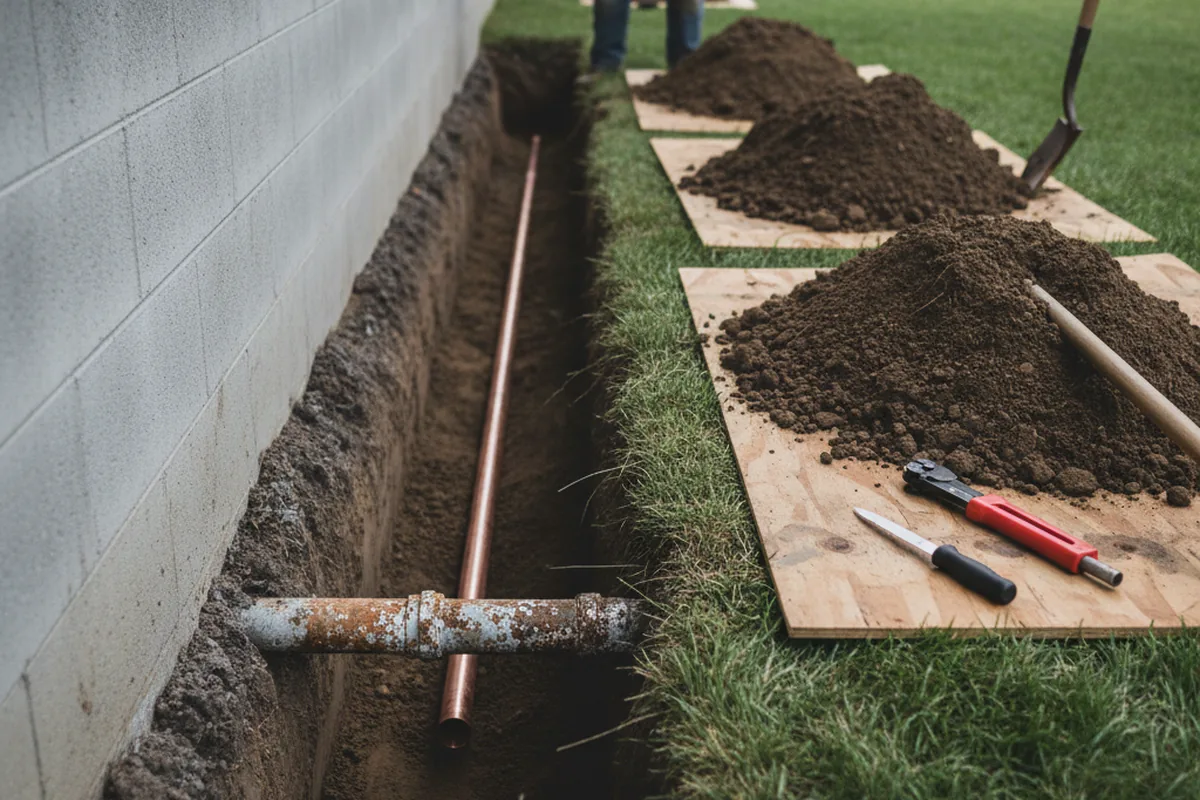 Excavated water line trench during Water Softener Installation in Milroy